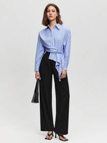 BizChic 女士蓝白条纹加大码不对称下摆长袖休闲纽扣衬衫 - 藍色 - 查看 3