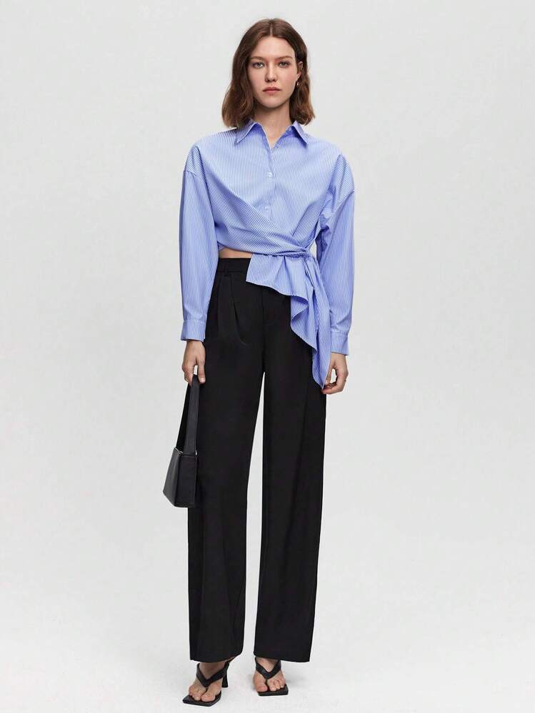 BizChic חולצת כפתורים אסימטרית אסימטרית נשים עם פסים כחולים ולבנים עם שרוולים ארוכים - כחול - ראה 4