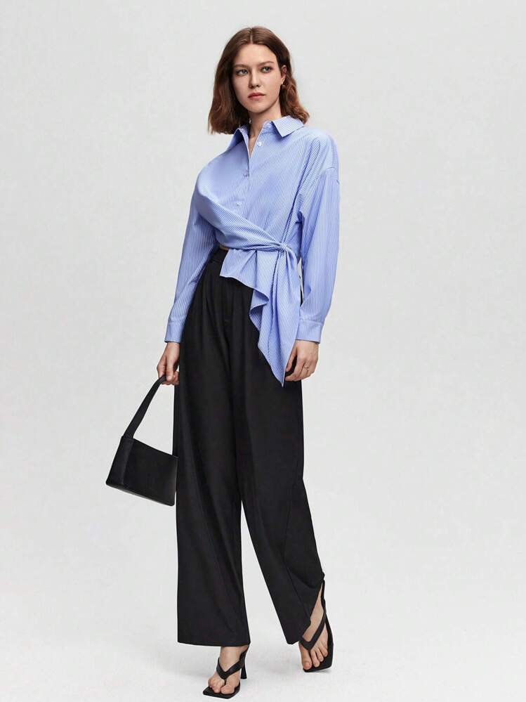 BizChic חולצת כפתורים אסימטרית אסימטרית נשים עם פסים כחולים ולבנים עם שרוולים ארוכים - כחול - ראה 6