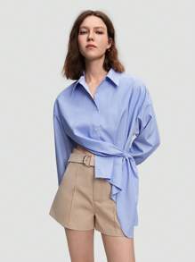 BizChic 女士蓝白条纹加大码不对称下摆长袖休闲纽扣衬衫 - 藍色 - 查看 7