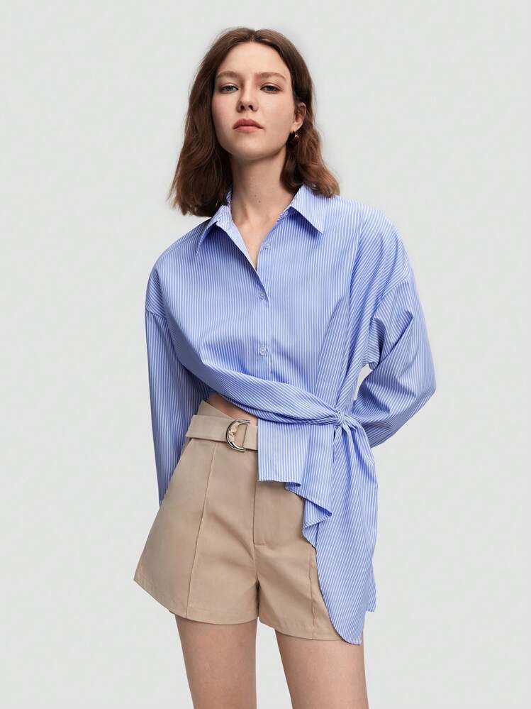 BizChic חולצת כפתורים אסימטרית אסימטרית נשים עם פסים כחולים ולבנים עם שרוולים ארוכים - כחול - ראה 7