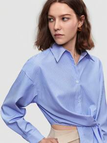 BizChic 女士蓝白条纹加大码不对称下摆长袖休闲纽扣衬衫 - 藍色 - 查看 8
