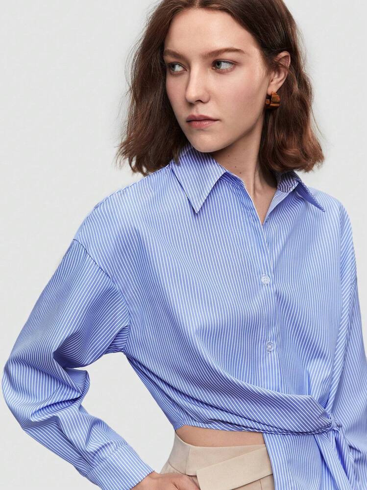 BizChic חולצת כפתורים אסימטרית אסימטרית נשים עם פסים כחולים ולבנים עם שרוולים ארוכים - כחול - ראה 8