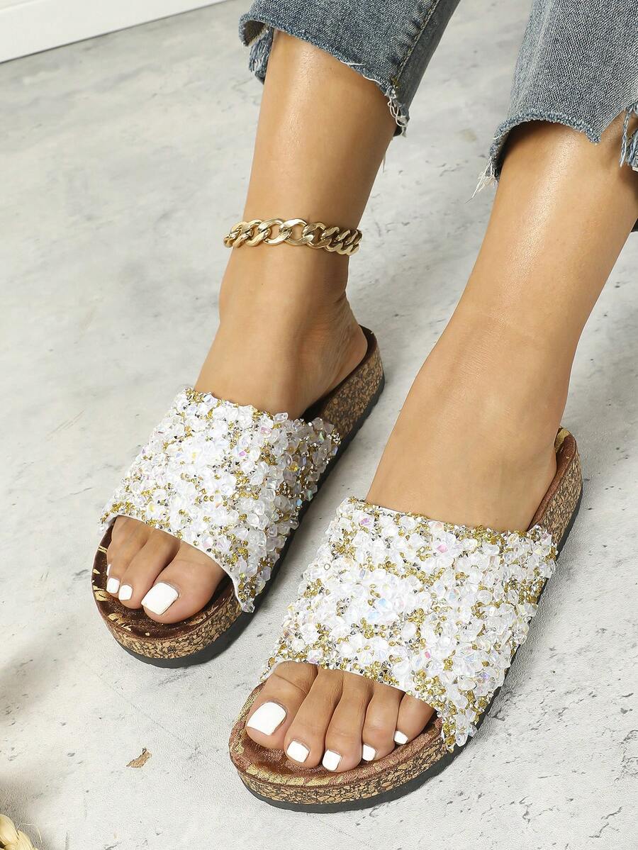 roulvxiang Femme À Sequins Sandales Plates , Mode Été Sandales Plates - Doré - Voir 1