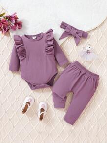 SHEIN 女嬰荷葉邊連身背心和運動褲&配件髮箍