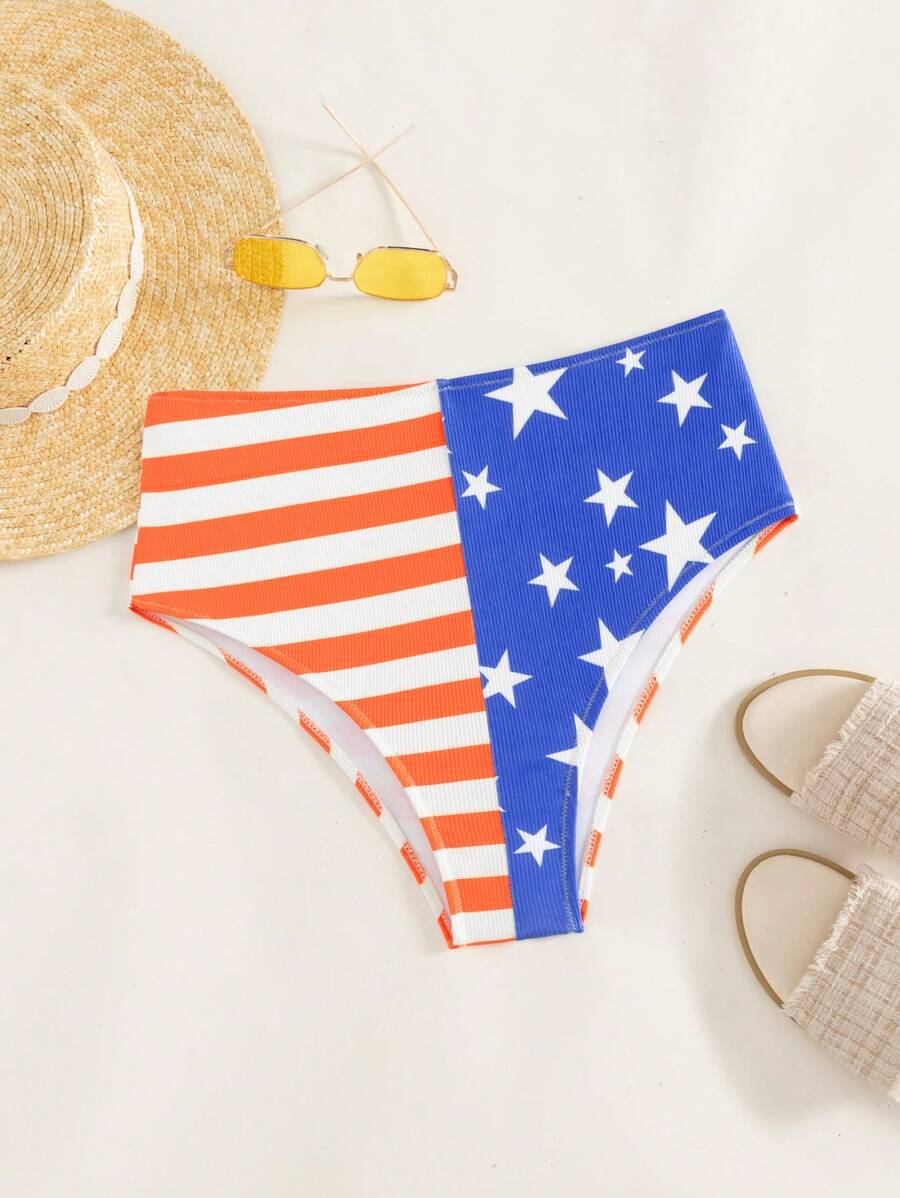 美式风情美国国旗印花高腰比基尼泳裤，适合夏季海滩庆祝美国独立日 - 彩色 - 查看 1