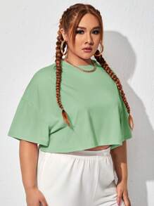 SHEIN EZwear 大碼落肩袖素色短款T恤 - 薄荷綠 - 查看 5