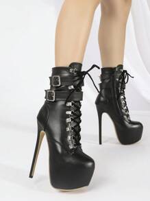 女士搭扣裝飾前綁帶防水台細跟靴子,時尚戶外靴子 - 黑色 - 查看 2