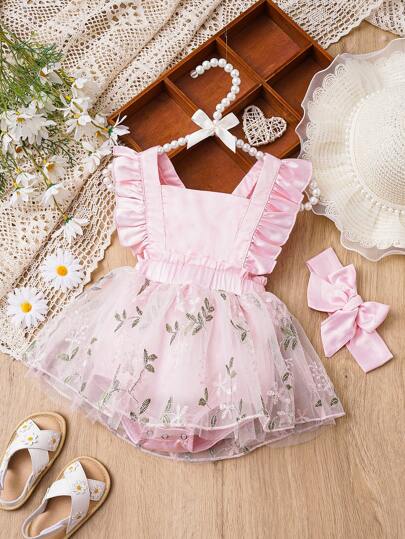 女嬰花卉刺繡網紗覆蓋荷葉邊背帶連體衣