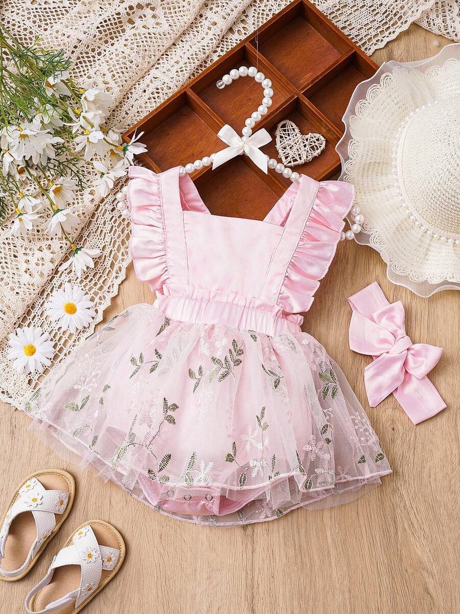 女嬰花卉刺繡網紗覆蓋荷葉邊背帶連體衣 - 淺粉色 - 查看 1