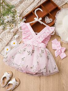 女嬰花卉刺繡網紗覆蓋荷葉邊背帶連體衣 - 淺粉色 - 查看 2