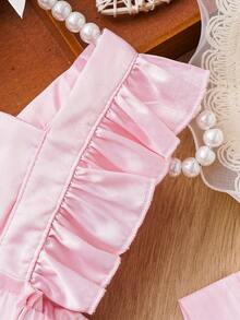 女嬰花卉刺繡網紗覆蓋荷葉邊背帶連體衣 - 淺粉色 - 查看 4