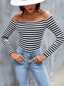 SHEIN Frenchy Striped Print Off Shoulder Tee - Black and White - View 3