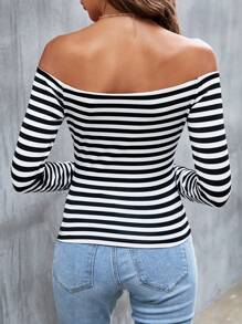 SHEIN Frenchy Striped Print Off Shoulder Tee - Black and White - View 5