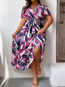 SHEIN Holidaya Plus Allover Print Belted Dress - Hot Pink - View 1