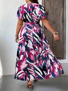 SHEIN Holidaya Plus Allover Print Belted Dress - Hot Pink - View 2