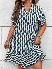 SHEIN LUNE Vestido Recto De Manga Murciélago Estampado Completo De Mujer De Talla Grande - Multicolor - Ver 4