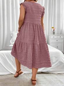 SHEIN LUNE 大尺碼蕾絲袖子和褶皺設計連衣裙 - 藕粉色 - 查看 2