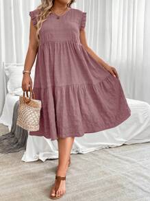 SHEIN LUNE 大尺碼蕾絲袖子和褶皺設計連衣裙 - 藕粉色 - 查看 4