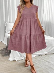 SHEIN LUNE 大尺碼蕾絲袖子和褶皺設計連衣裙 - 藕粉色 - 查看 5