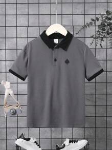 SHEIN Tween Boy Contrast Collar Polo Shirt, Short Sleeve, Comfortable, Suitable For Summer - Dark Grey - View 1