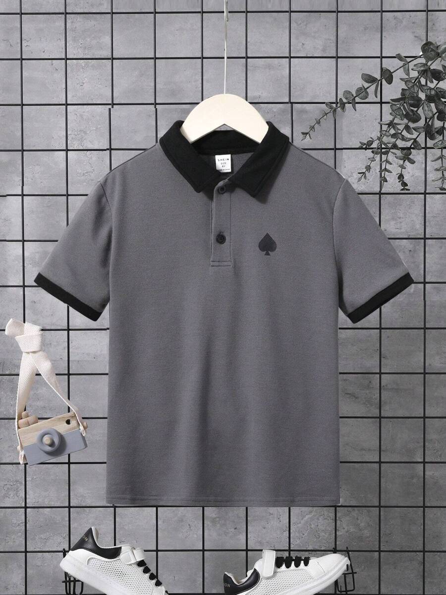 SHEIN Tween Boy Contrast Collar Polo Shirt, Short Sleeve, Comfortable, Suitable For Summer - Dark Grey - View 1
