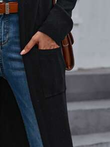 SHEIN Essnce 休閒口袋 開衩 羅紋針織純色女士開襟衫 - 黑色 - 查看 3