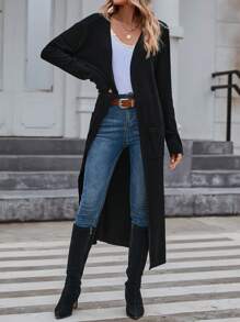 SHEIN Essnce 休閒口袋 開衩 羅紋針織純色女士開襟衫 - 黑色 - 查看 4