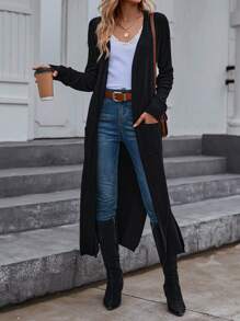 SHEIN Essnce 休閒口袋 開衩 羅紋針織純色女士開襟衫 - 黑色 - 查看 5