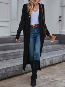 SHEIN Essnce 休閒口袋 開衩 羅紋針織純色女士開襟衫 - 黑色 - 查看 6