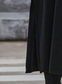 SHEIN Essnce 休閒口袋 開衩 羅紋針織純色女士開襟衫 - 黑色 - 查看 7