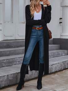 SHEIN Essnce 休閒口袋 開衩 羅紋針織純色女士開襟衫 - 黑色 - 查看 8