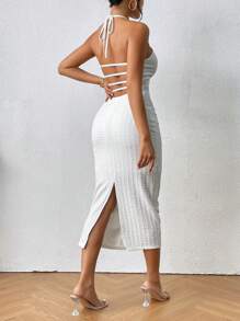 SHEIN VCAY Vestido de espalda abierta con cordón de muslo con abertura de cuello halter - Blanco - Ver 1
