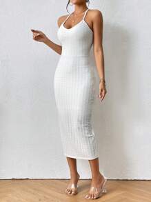 SHEIN VCAY Vestido de espalda abierta con cordón de muslo con abertura de cuello halter - Blanco - Ver 2