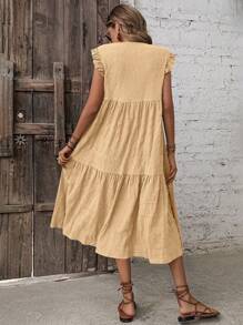 SHEIN LUNE 素色荷葉邊娃娃裙 - 卡其色 - 查看 2