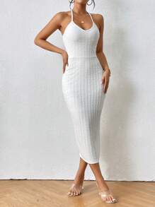 SHEIN VCAY Vestido de espalda abierta con cordón de muslo con abertura de cuello halter - Blanco - Ver 3
