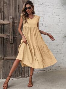 SHEIN LUNE 素色荷葉邊娃娃裙 - 卡其色 - 查看 3