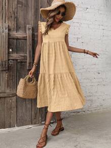 SHEIN LUNE 素色荷葉邊娃娃裙 - 卡其色 - 查看 4