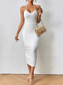 SHEIN VCAY Vestido de espalda abierta con cordón de muslo con abertura de cuello halter - Blanco - Ver 5