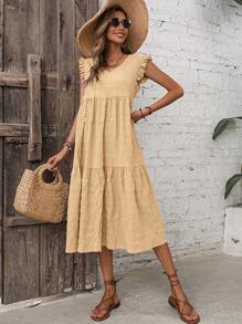 SHEIN LUNE 素色荷葉邊娃娃裙 - 卡其色 - 查看 6