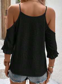 SHEIN VCAY Solid Cold Shoulder Blouse - Black - View 2