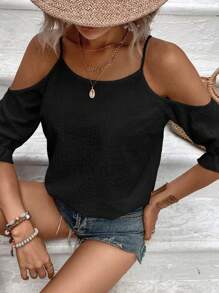 SHEIN VCAY Solid Cold Shoulder Blouse - Black - View 3