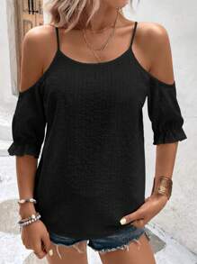 SHEIN VCAY Solid Cold Shoulder Blouse - Black - View 4