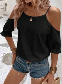 SHEIN VCAY Solid Cold Shoulder Blouse - Black - View 5