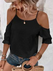 SHEIN VCAY Solid Cold Shoulder Blouse - Black - View 6