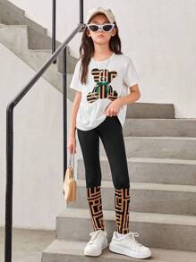 SHEIN Bộ áo thun và quần dài tay ngắn cổ tròn họa tiết gấu Tween Girl - Nhiều màu - Xem 1