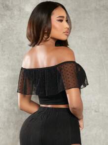 SHEIN SXY Off Shoulder Ruffle Trim Crop Top - Black - View 2