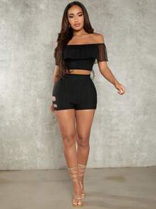 SHEIN SXY Off Shoulder Ruffle Trim Crop Top - Black - View 3