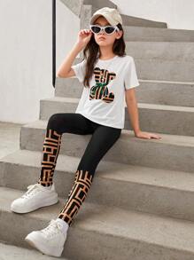 SHEIN Bộ áo thun và quần dài tay ngắn cổ tròn họa tiết gấu Tween Girl - Nhiều màu - Xem 3