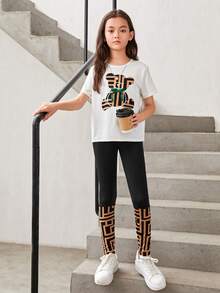 SHEIN Bộ áo thun và quần dài tay ngắn cổ tròn họa tiết gấu Tween Girl - Nhiều màu - Xem 4